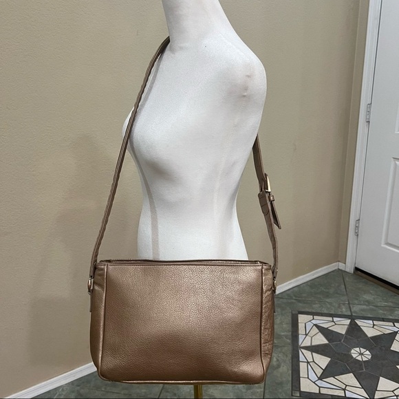 Vtg SAS Metallic Bronze Brown LEATHER CROSSBODY Handbag w/ Croc Trim Casual EUC - Picture 6 of 16